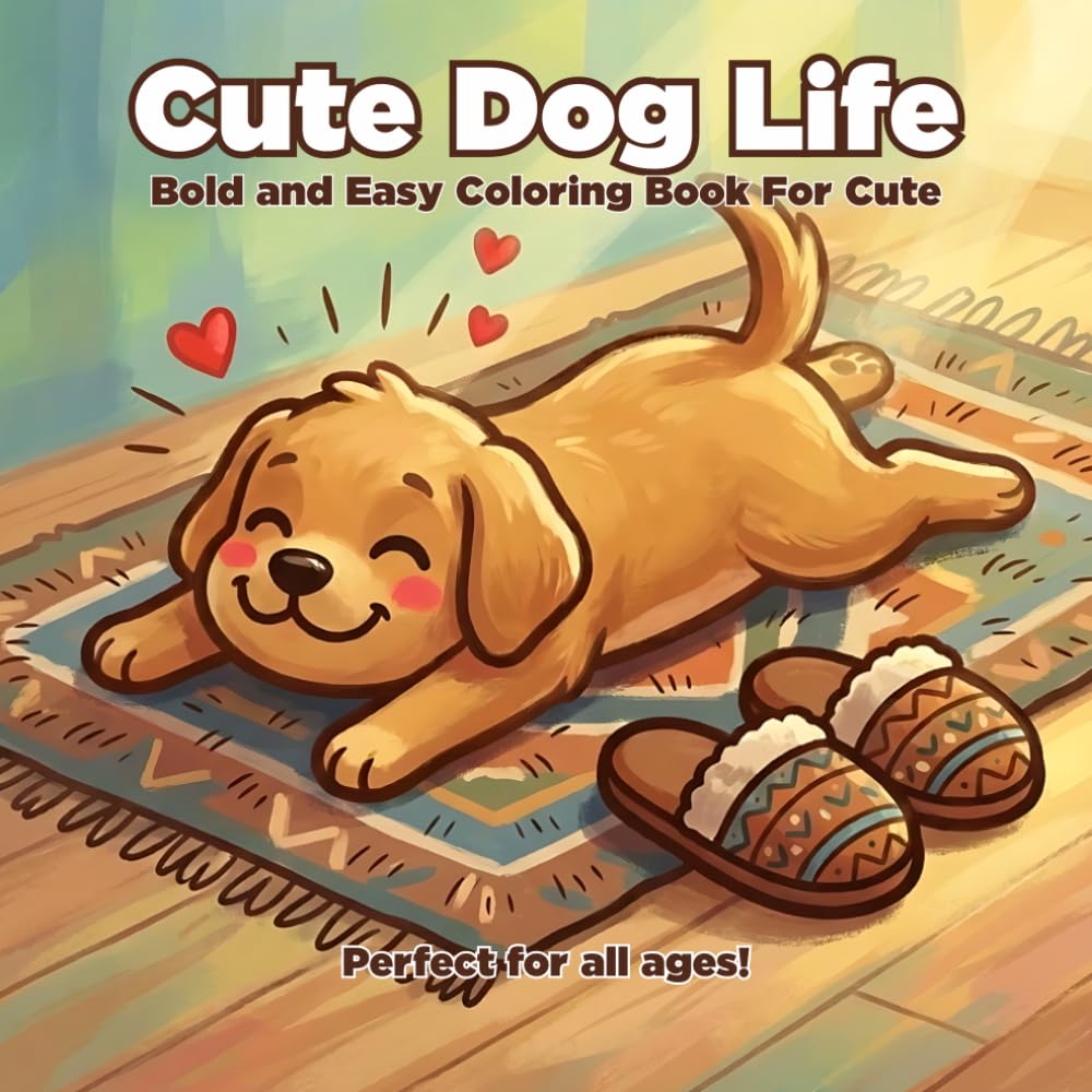 Cute Dog Life: Bold and Easy Coloring Book for Kids and Adults, 50 Fun and Relaxing Illustrations of Adorable Puppies for Stress Relief