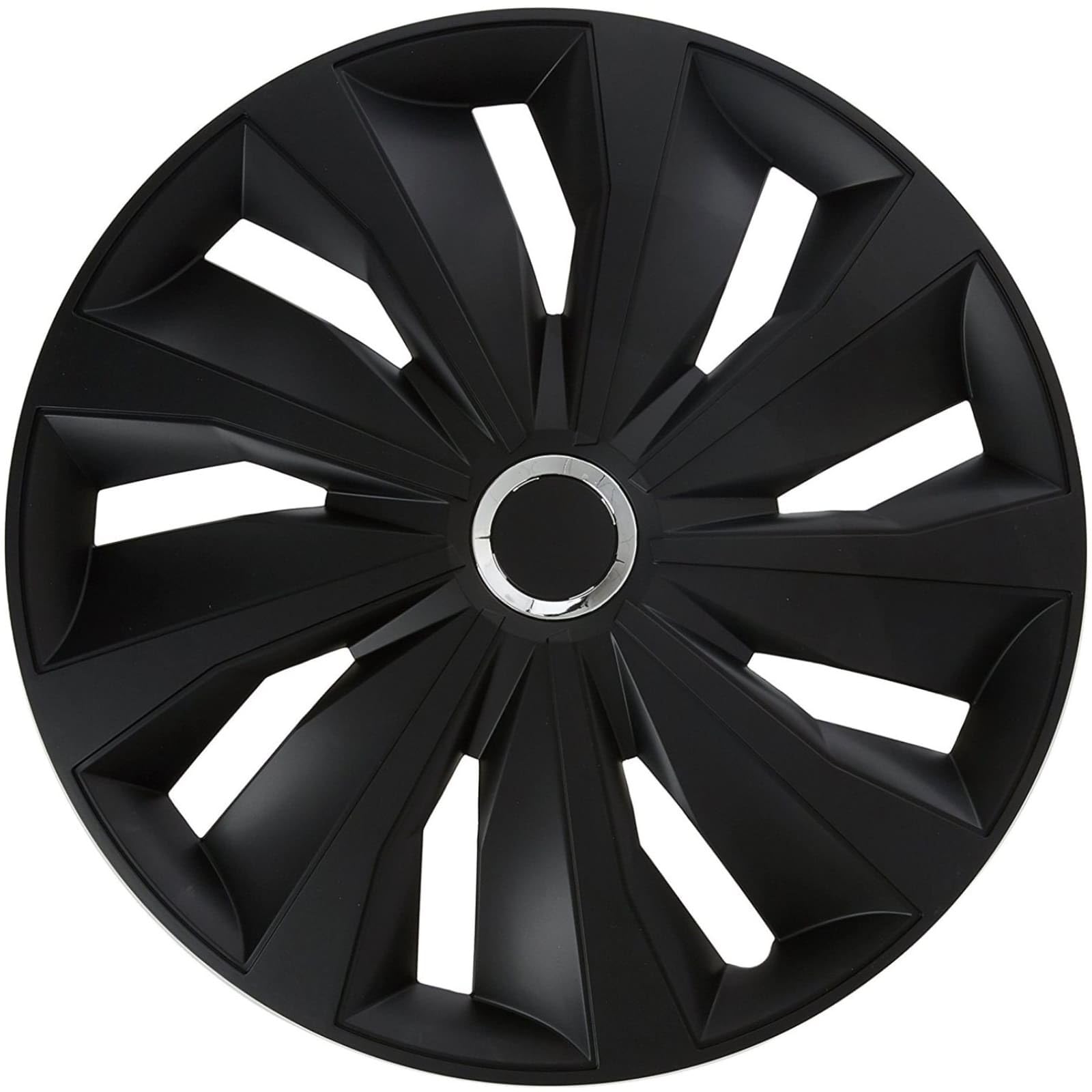 Copricerchi di alta qualità, 15 pollici, colore nero opaco, con anello cromato lucido, set da 4 copricerchi per cerchioni in acciaio, copricerchi per una protezione ottimale (Grip/Nero opaco + anello