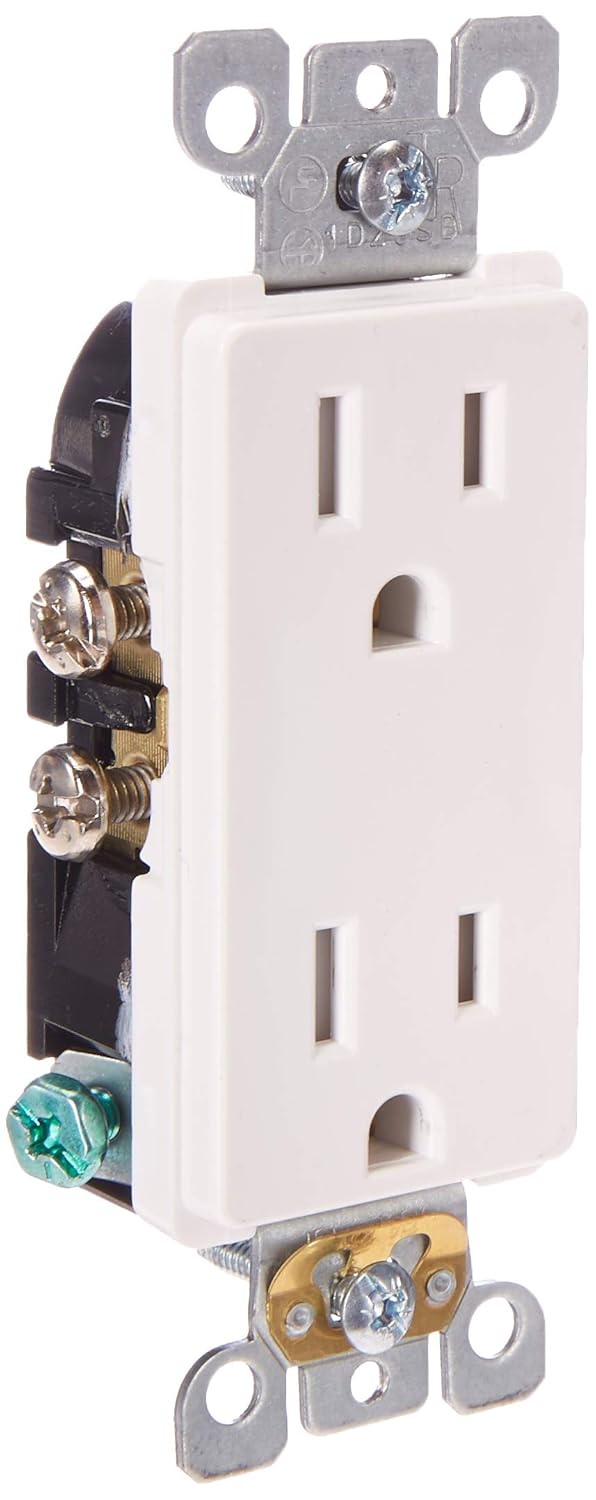 Product image of Leviton 15 Amp 125 Volt, Tamper Resistant, Decora Duplex Receptacle, Straight Blade, Self Grounding, T5325-SW, White