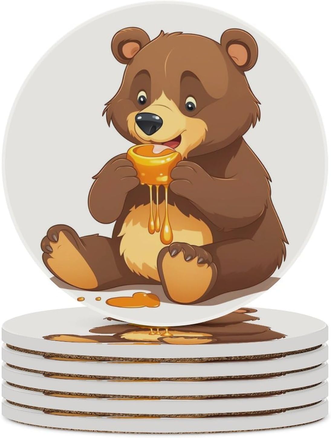 6PCS Bear Eating Coasters Non-Slip Round Drink Coasters with Ceramic Stone and Cork Base, Heat Resistant Absorbent 33.00Stone Coaster Set for Kinds of Mugs and Cups, 4 Inch