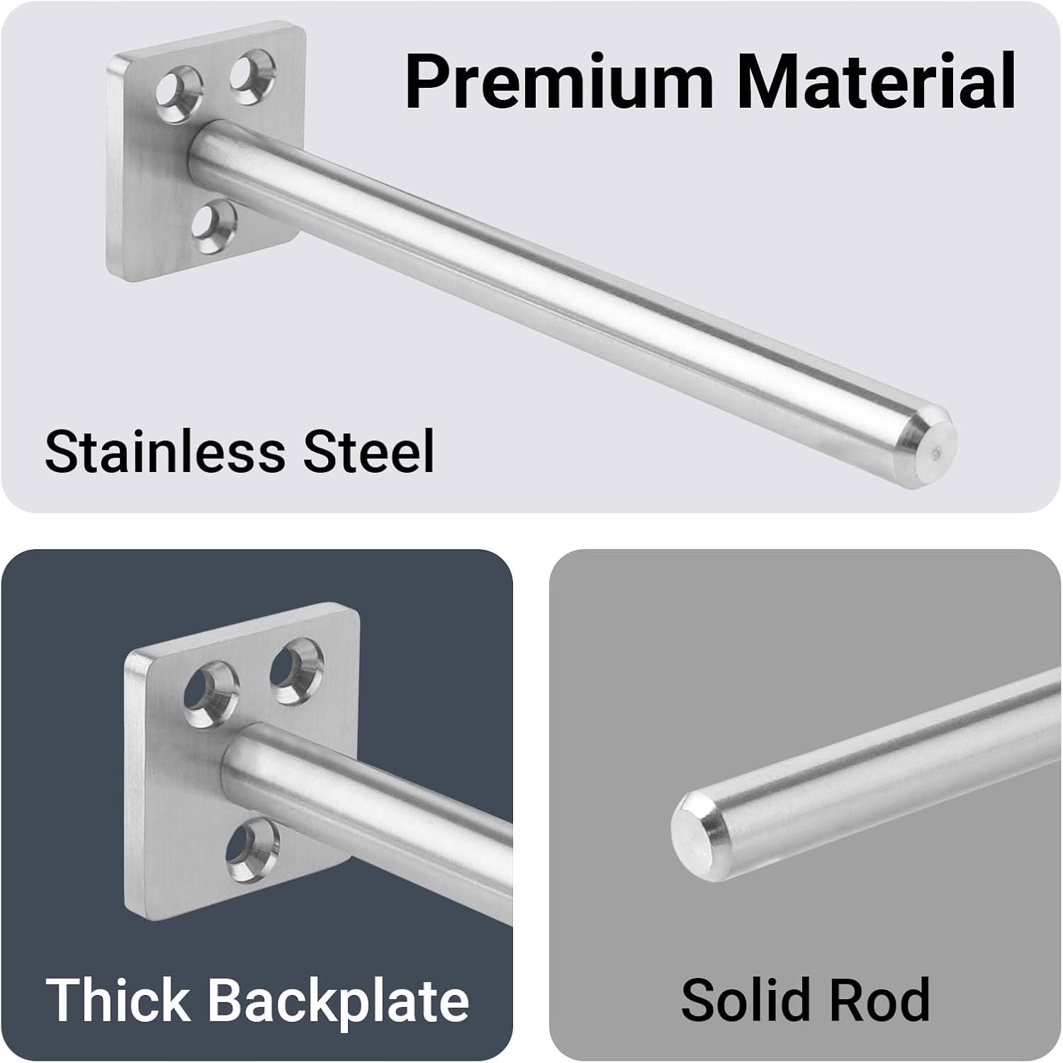 Stainless Steel Floating Shelf Bracket Heavy Duty Hidden Support for Wood Wall Shelves, Pack of 4, 1.5" x 1.5" Thick Back Plate, Approx. 1/2 inch in Diameter, Solid Rod (6 Inch)