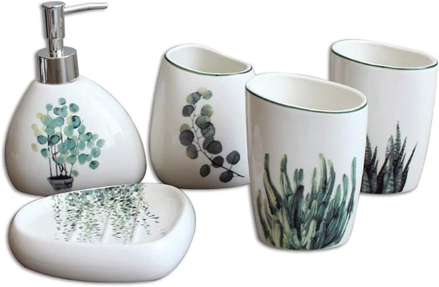 Soap Dispenser White Ceramics and Green Plant Pattern Bathroom Vanity Countertop Accessory Set - Includes Soap Dispenser Pump, Toothbrush Holder, Tumbler Rinsing Cup, Soap Dish - 5 Pieces liquid soap