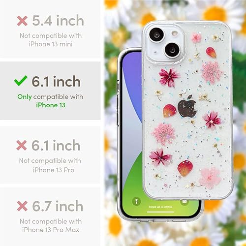 Miniatura 2 de Diseñada para iPhone 13, funda estética brillante transparente con diseño de flores naturales, TPU suave prensado floral real, a prueba de golpes,
