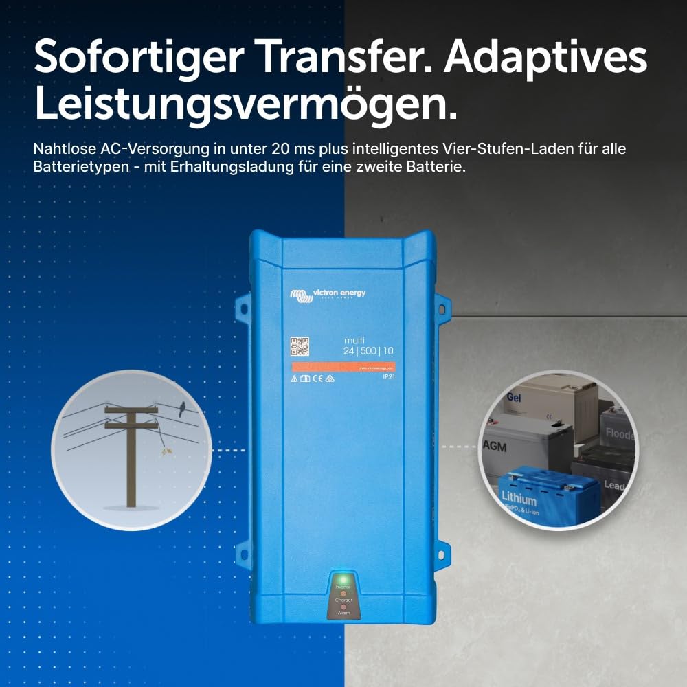 Victron Energy MultiPlus Reiner Sinus Wechselrichter 10 Amp Batterie Ladegerät, Spannungswandler, Transferschalter Inverter Charger, 500VA 24-Volt 230V