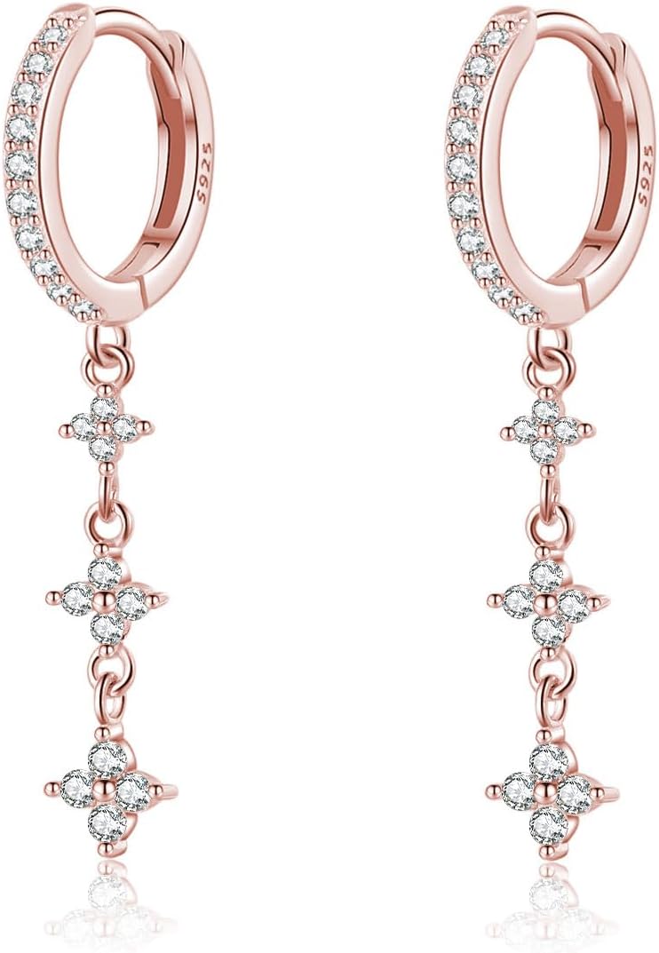 Reffeer Solid 925 Sterling Silver CZ Star Chain Dangle Earrings for Women Teen Girls Chain Drop Hoop Earrings