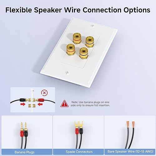 Miniatura 3 de Cable Matters Paquete de 2 placas de pared de alambre para altavoces, placa de pared de altavoz chapada en oro con enchufe tipo plátano para 2