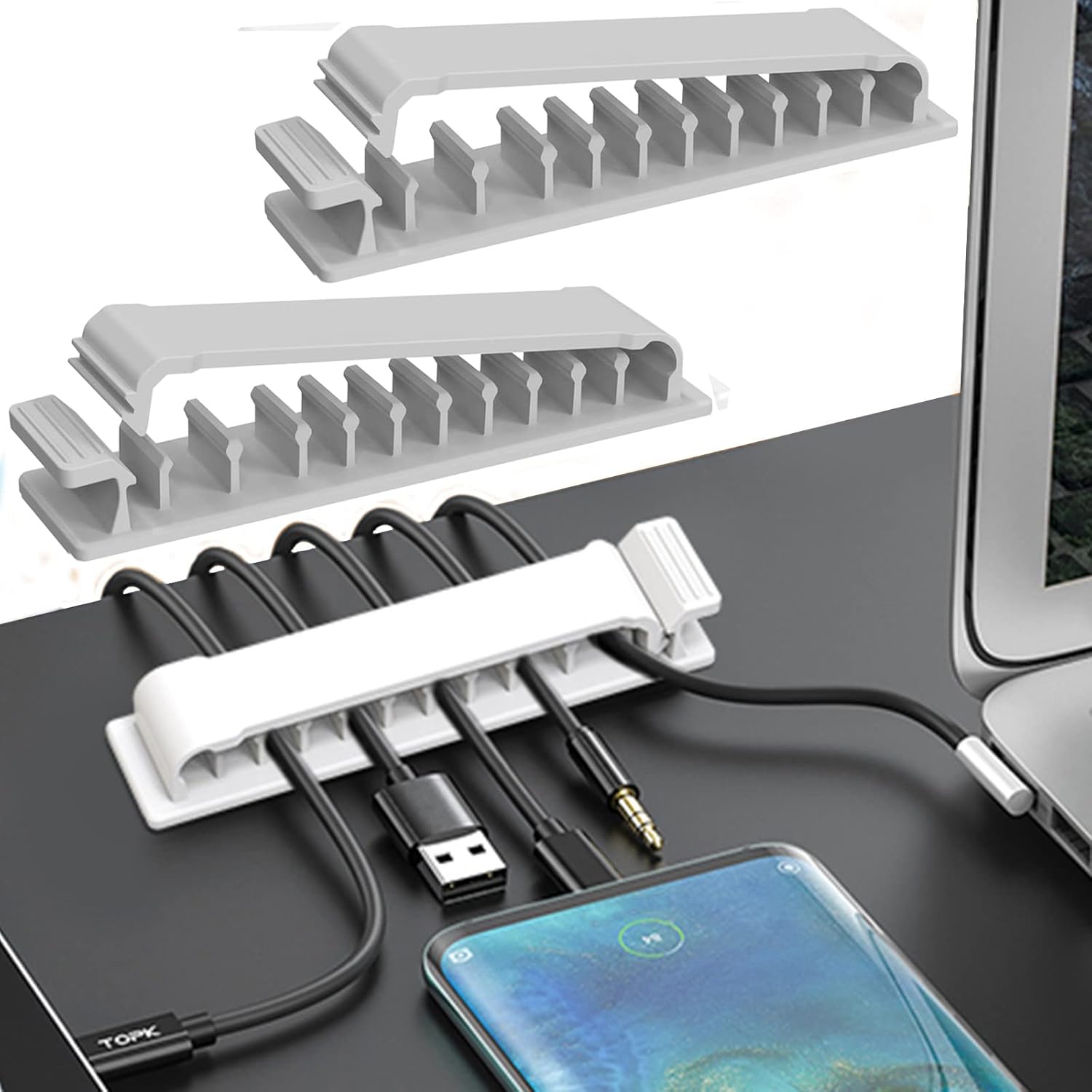 White Cable Clips, 2 Packs Cord Organizer Cable Management, Self Adhesive Cable Management Clips