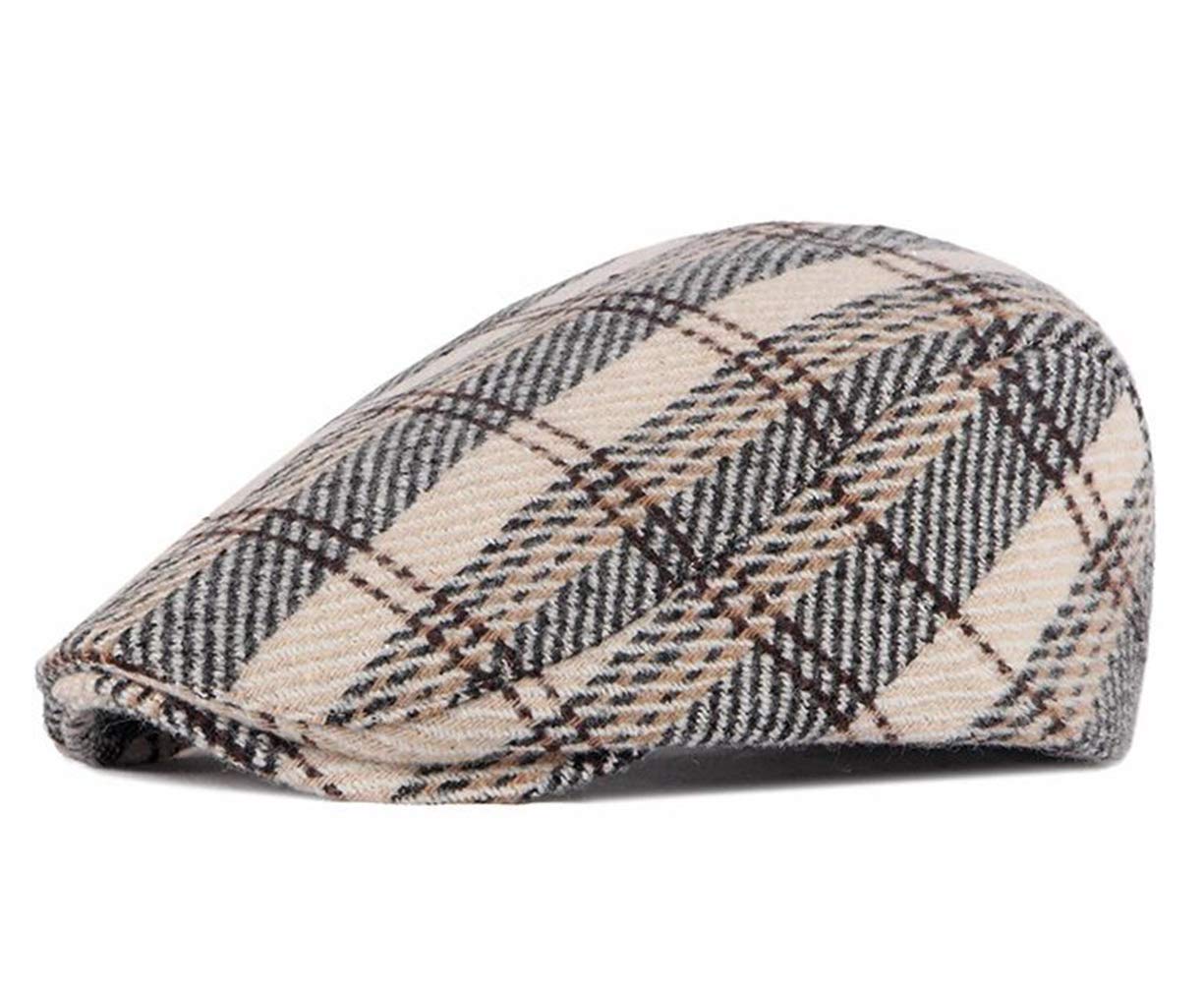 Vintage British Style Tartan Flat Cap Mens Winter Berets Newsboy Cap Driving Hat (Beige)