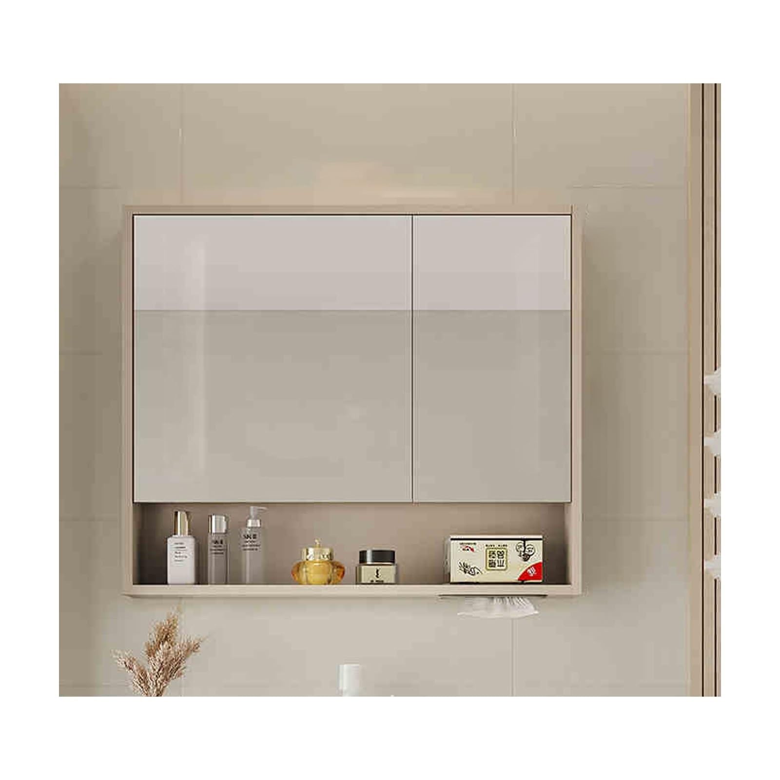 BKSXSOP Wall Mounted Bathroom Mirror Cabinet - Double Door Vanity Storage with Shelf, Cream Finish, 80cm (31.5in) Stylish and Functional nizer