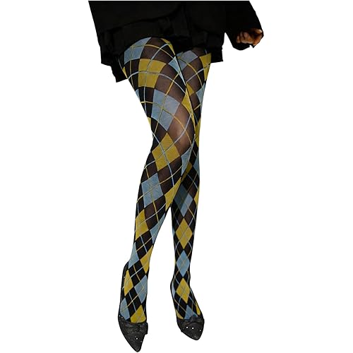 Verdusa Women's Argyle Plaid Mesh Sheer Tights Design High Waisted Preppy Stockings Pantyhose