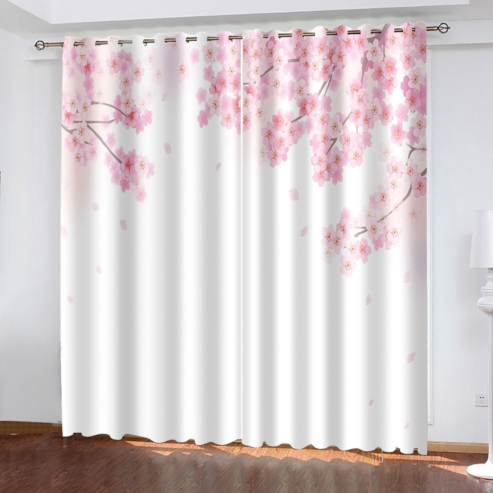 Rideau Stof Polyester, Rideaux Fenetre Chambre Rose Blanc Cerise Décoration 152L x 214H CM Lot de 2
