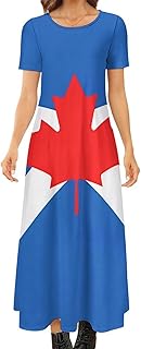Canada Scotland Flag Women’s Short Sleeve Round Neck Maxi Dress Printed Beach Long Dress - Buy now