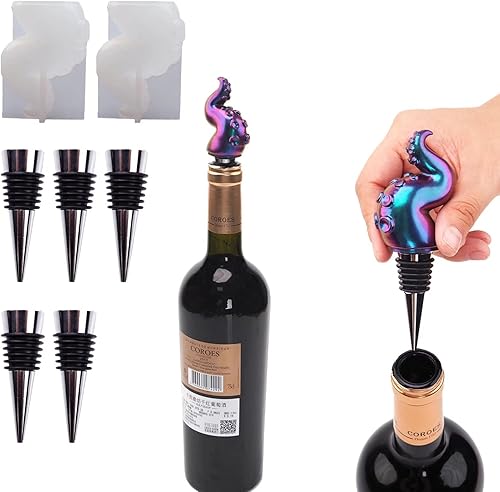Moldes de resina para tentáculos de pulpo, 2 moldes de tapón de botella para resina con 5 moldes de acero inoxidable para proteger el vino,