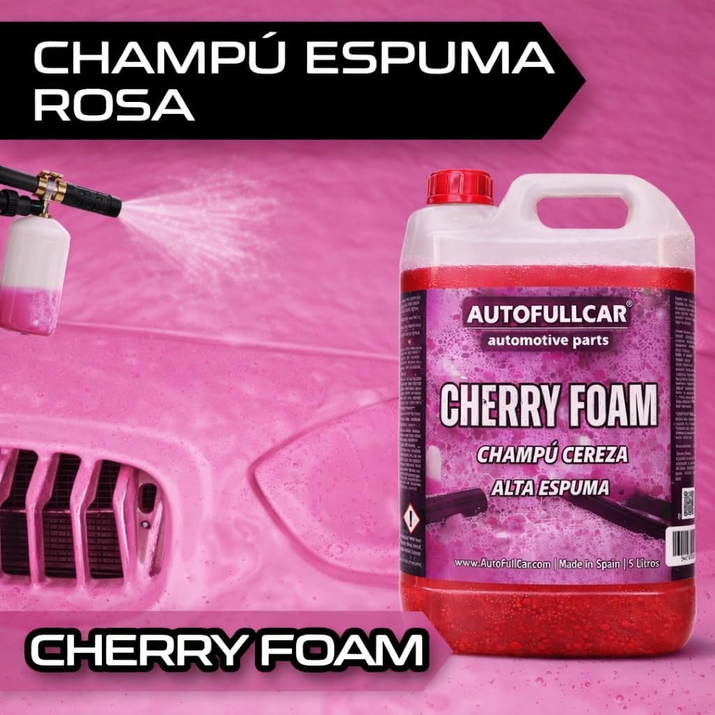 AutoFullCar Kit Cherry Foam 5 Litros + Foamer 2 Litros, Champu Espuma Activa Coche Rosa, Limpiador Alcalino Alta Concentracion, Lavado Carroceria, Encapsula Suciedad