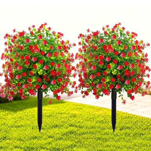 Set of 2 Artificial Boxwood Topiary Ball Trees Plants for Outdoor, Faux Shrubs with Ground Spike...