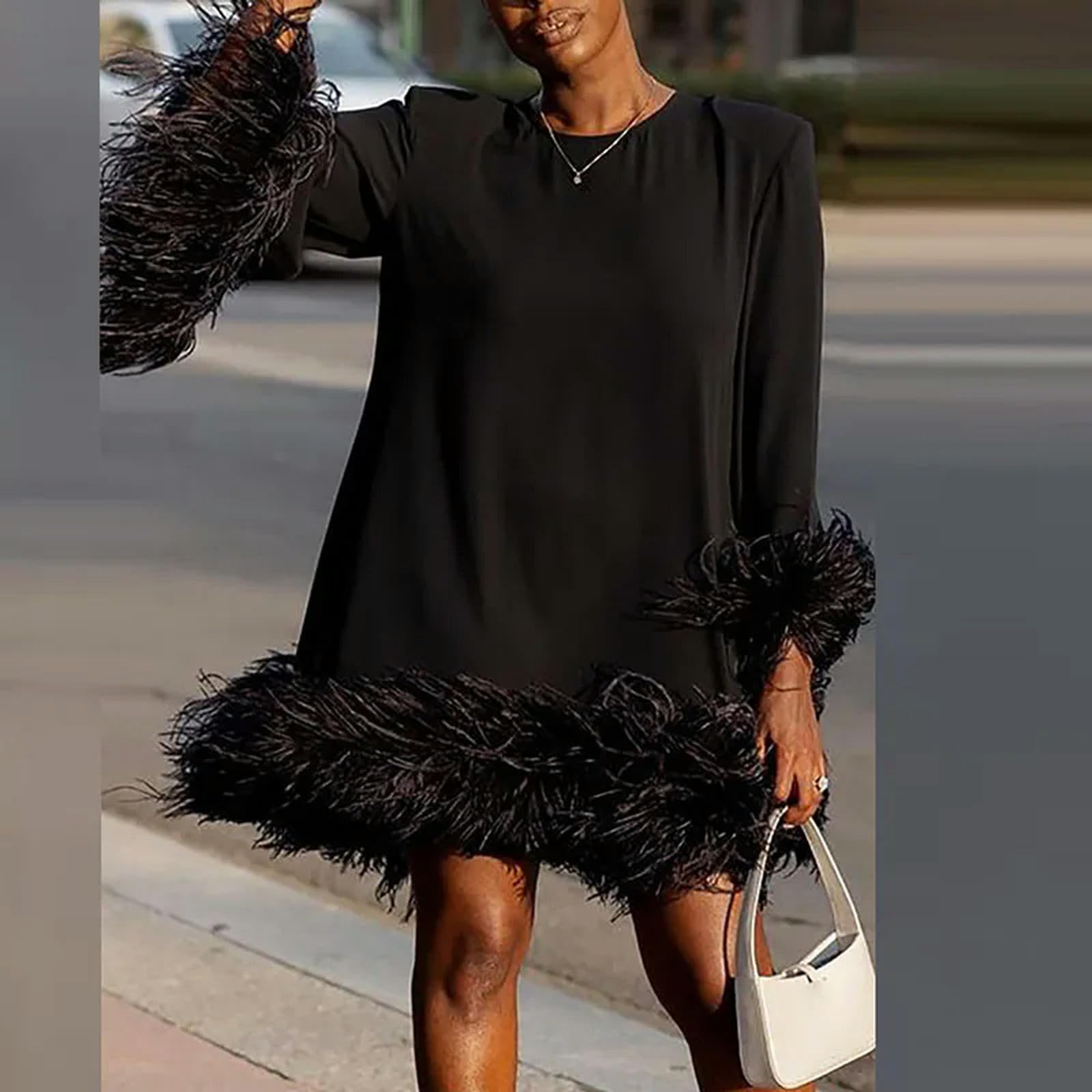Vestido Elegante de Manga Larga con Cuello Redondo para IR al Trabajo, Vestido Holgado de Corte en A de Color sólido, Ropa de Mujer, Vestido de Fiesta de Retazos de Plumas