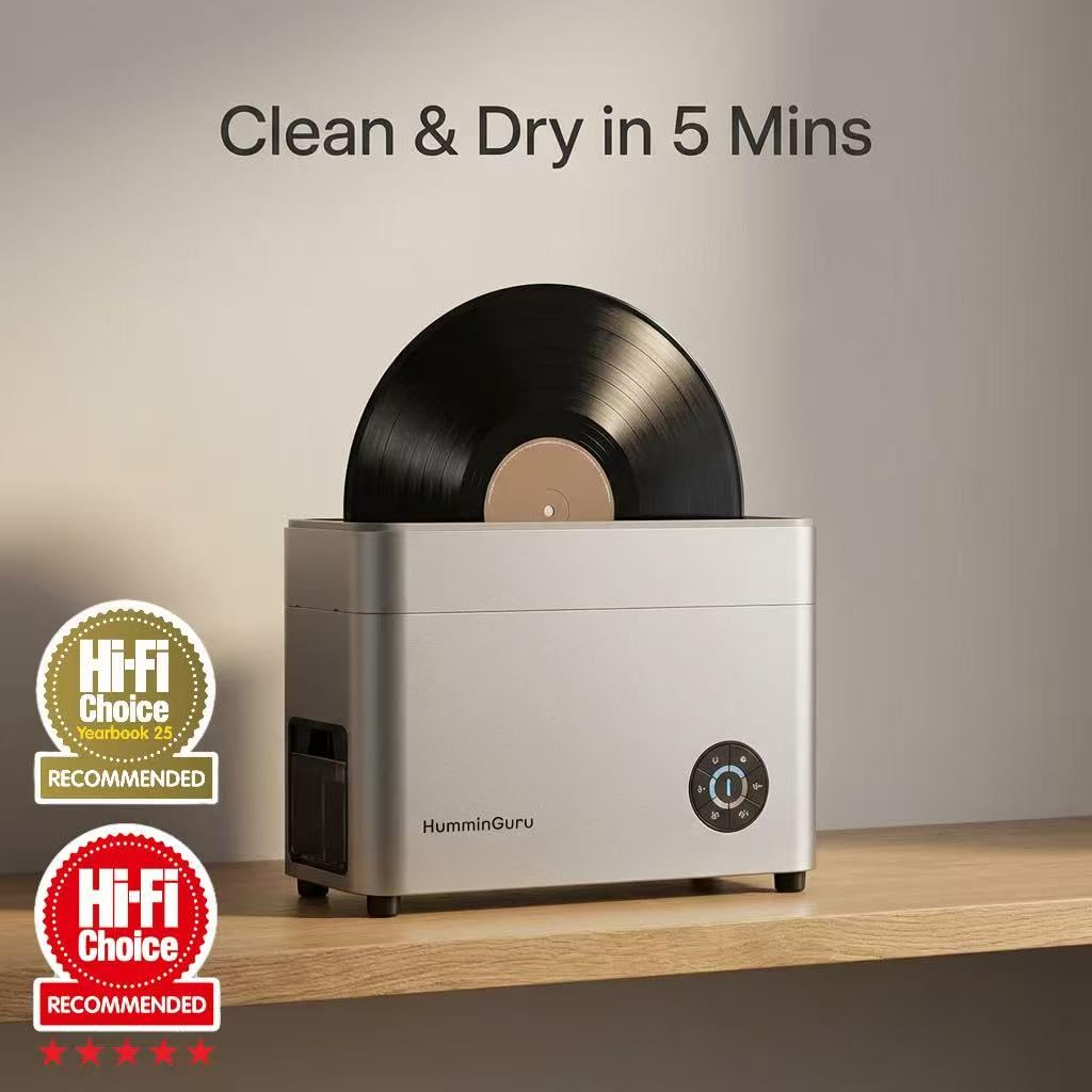 HumminGuru Ultraschall-Schallplattenreiniger – 40-kHz-Ultraschall-Schallplatten-Reinigungsgerät mit automatischer Trocknung, schallplatten reinigungsset mit wasserfilter (Weißer Sand, 7/10/12 Zoll)