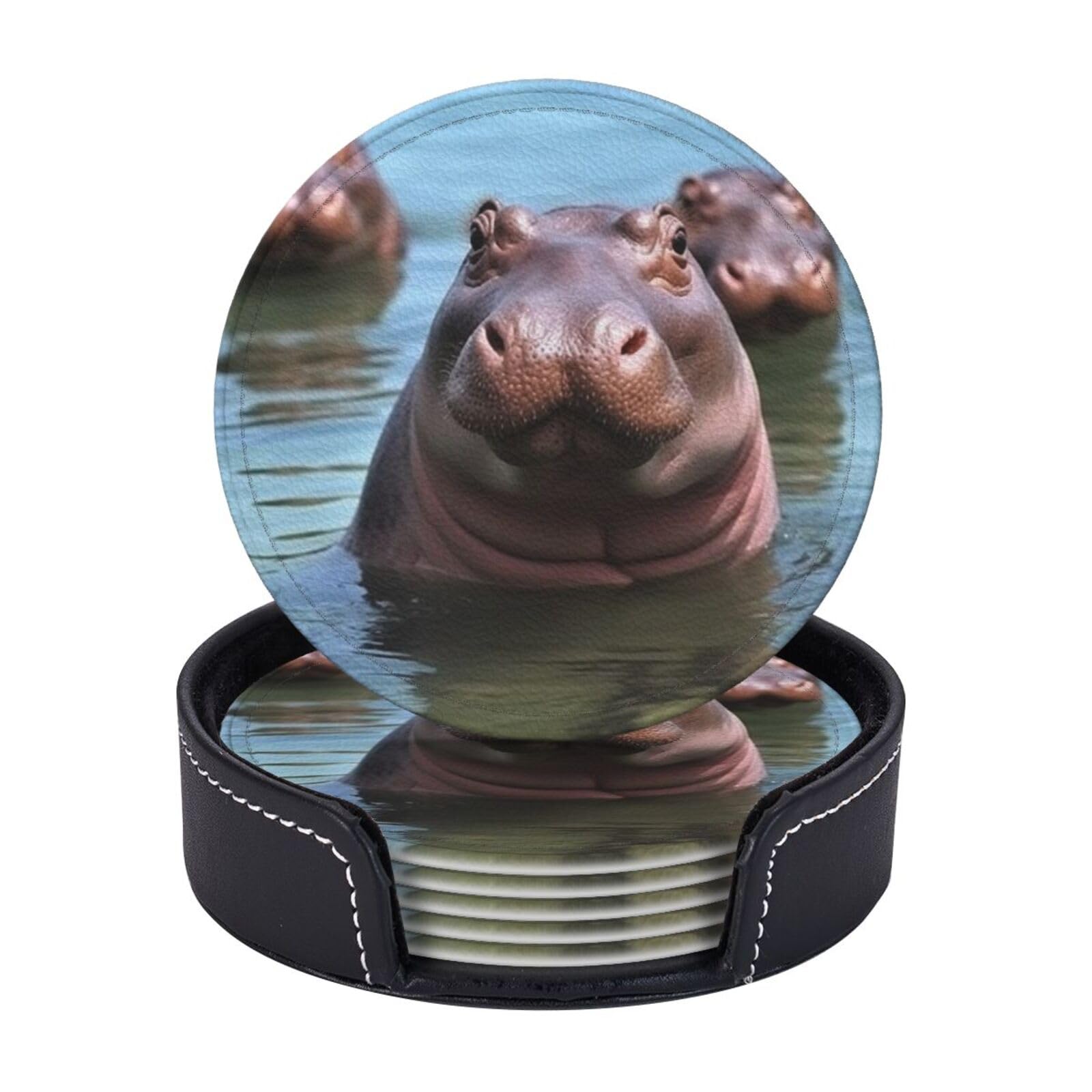 6Pcs PU Leather Coaster for Drinks, Cute Hippos Cup Coasters with Holder, Aesthetic Drink Coasters for Coffee Table, Round Coaster for Tabletop Protection 4" Cup Mat Pad