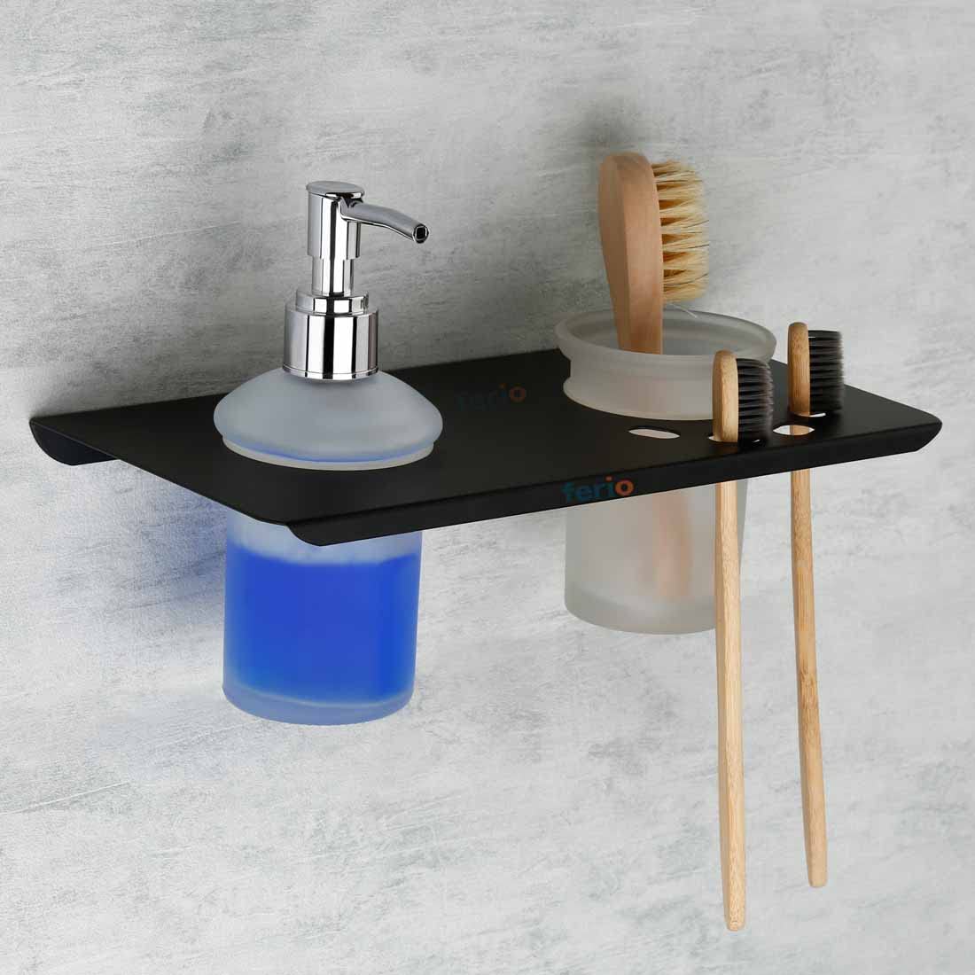 Ferio Stainless Steel Black Tumbler Holder Liquid soap Dispenser Holder Toothbrush Hanger for Bathroom Accessories Set Black (10 * 5 Inch) Pack of 1 (B0BDRVTY4V) Amazon Price History, Amazon Price Tracker