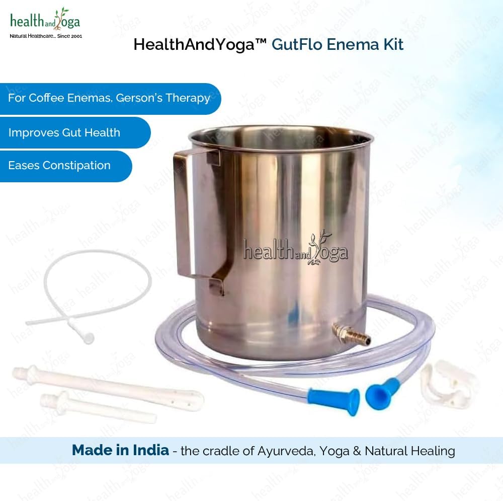 HealthAndYoga™ GutFlo Enema Kit (Stainless Steel Bucket- 2 Quarts, One-Hand Clamp, 2 Nozzles, Complete Tubing- Hose & Colon Tube)-for Coffee, Water & Gerson Colon Cleanse Therapy- Home Use-Latex Free