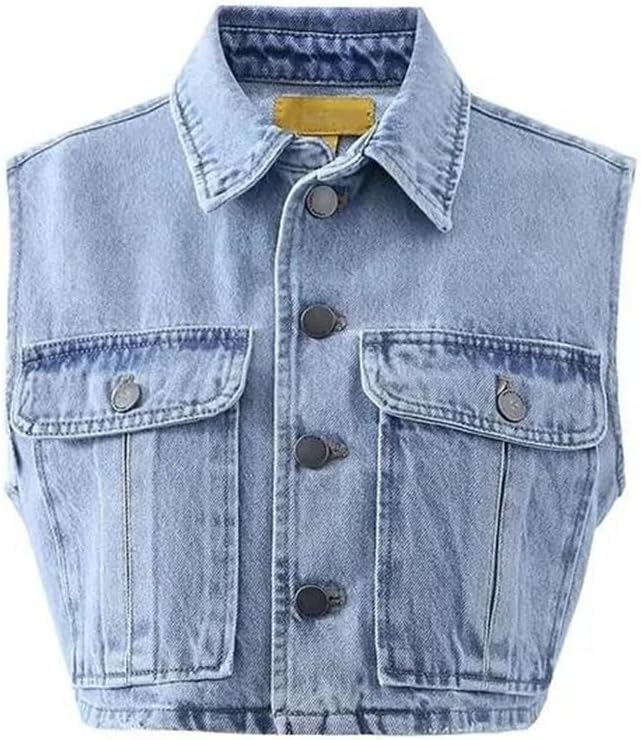 レディース ヴィンテージ デニムベスト ルーズ ターンダウンカラー ショート シングルボタン ノースリーブ アウターウェア