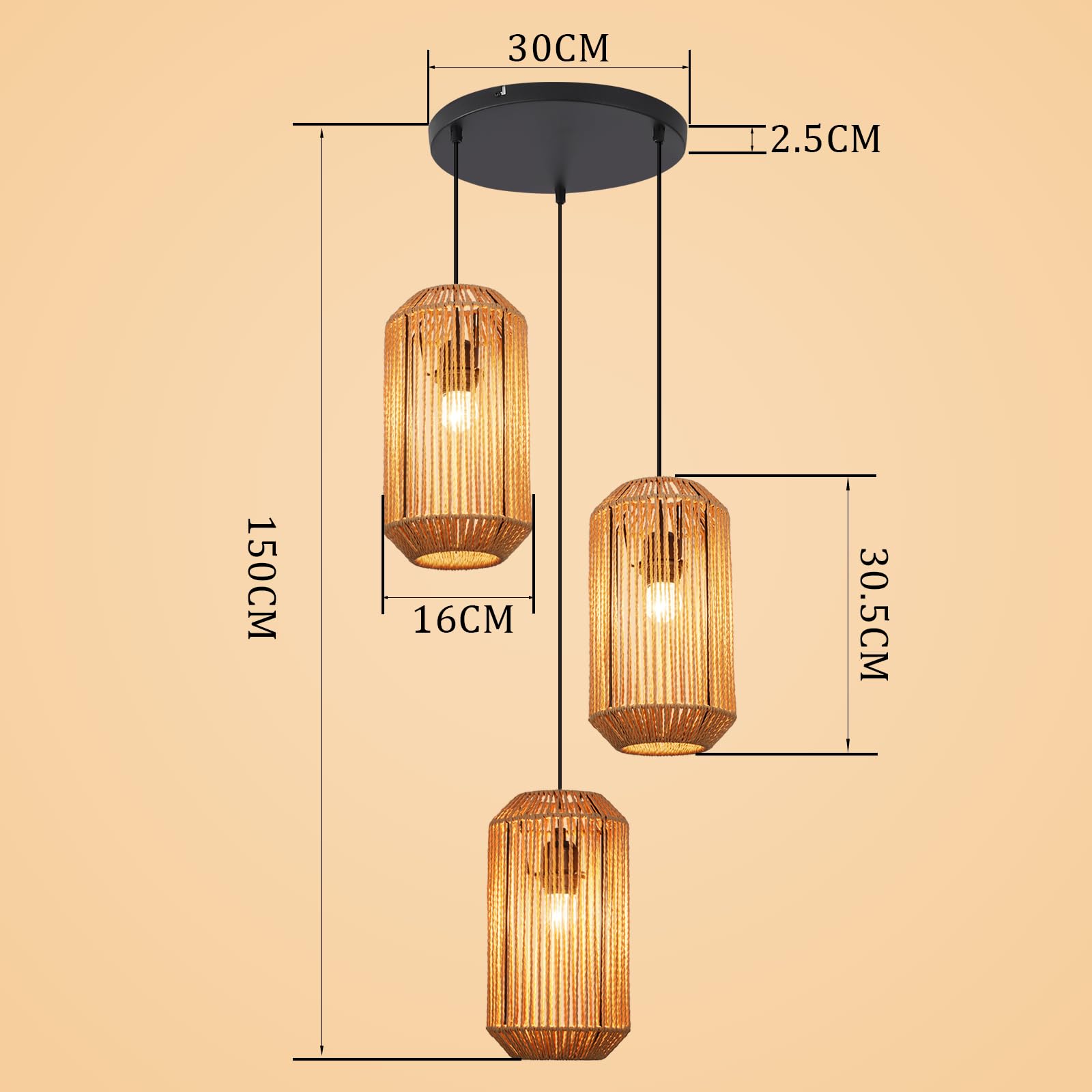 Lámpara Colgante Boho de Ratán, Altura Ajustable, 3 Luces, Diseño | Retro con Casquillo E27 para Comedor, Salón, Dormitorio y Cocina (Sin Bombillas Incluidas)