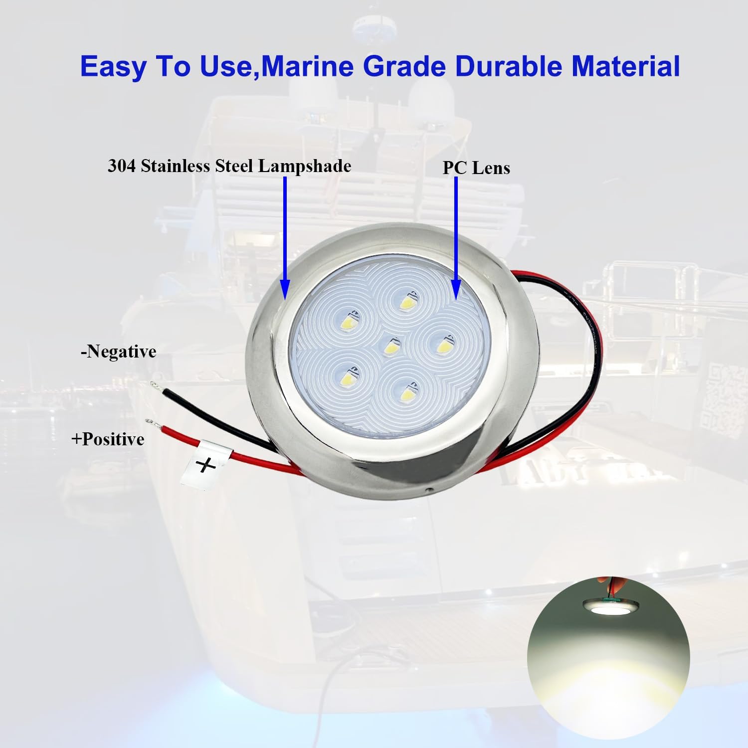 LED Boat Courtesy Light, 3 Inch, Stainless Steel 316, IP68 Waterproof, Interior Exterior Deck Light for Marine Cabin, Dome, Transom, Cockpit, Fishing Pontoon