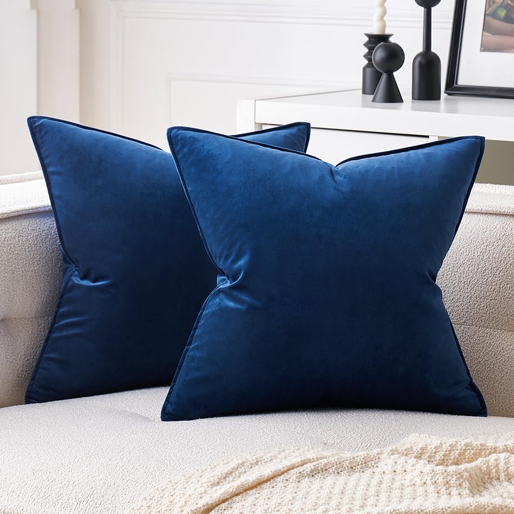 MIULEE Pack of 2 Navy Blue Decorative Velvet Throw Pillow Cover Soft Pillowcase Solid Square Eruo Sham Cushion Case for Sofa Bedroom Car 24x24 Inch 60x60 Cm