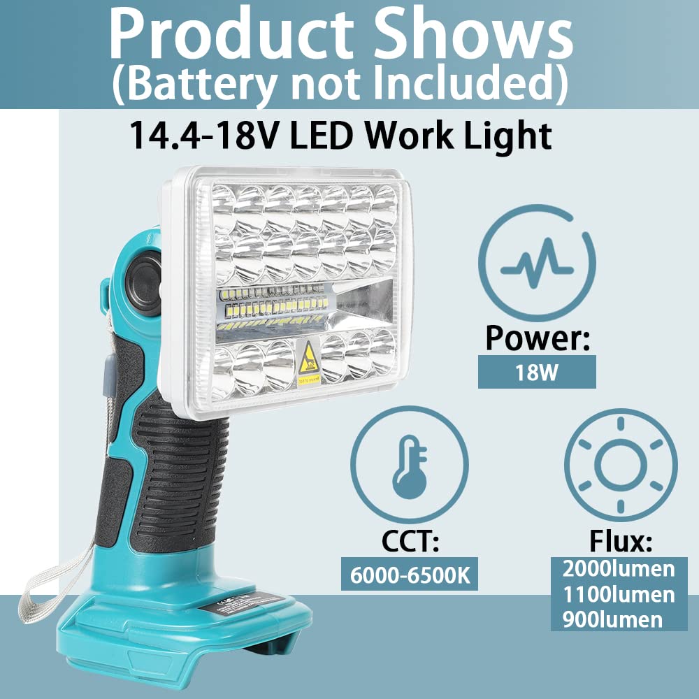 Lampe de travail LED sans fil 18 V portable pour extérieur large et longue portée avec port USB, lampe de poche Hipoke 18W compatible avec MaKita 14,4V-20V BL1860 BL1850 batterie Li-ion