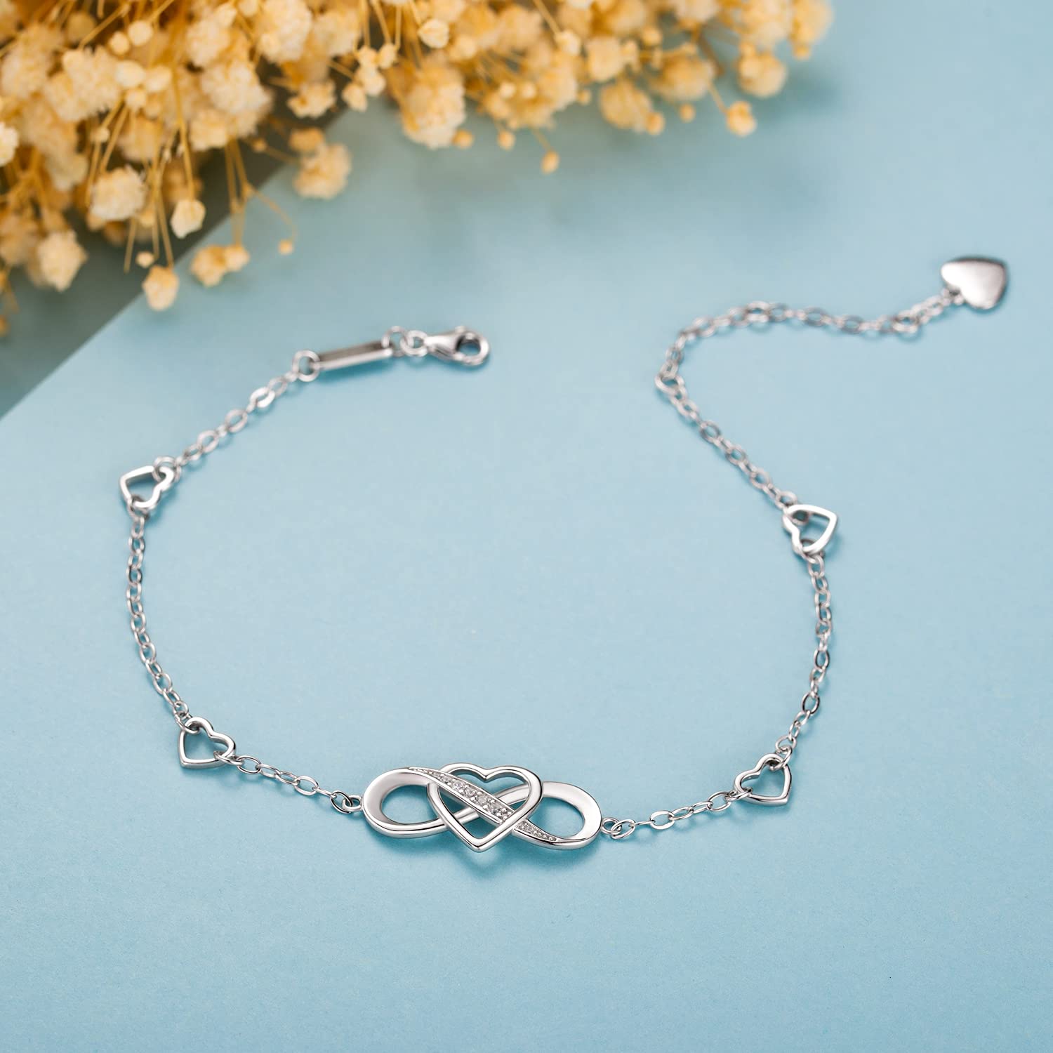 Tobillera de plata de ley 925 para mujer, pulsera de tobillo con corazón infinito, chapado en oro blanco, pulsera grande ajustable, regalo para mujer y esposa, Plata Esterlina, Circonita 3
