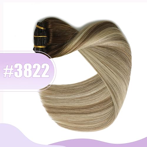 Miniatura 5 de Sindra Extensiones de cabello humano real con clip, balayage, color marrón oscuro a marrón ceniza, reflejos rubios dorados, 16 pulgadas, 6 unidades,