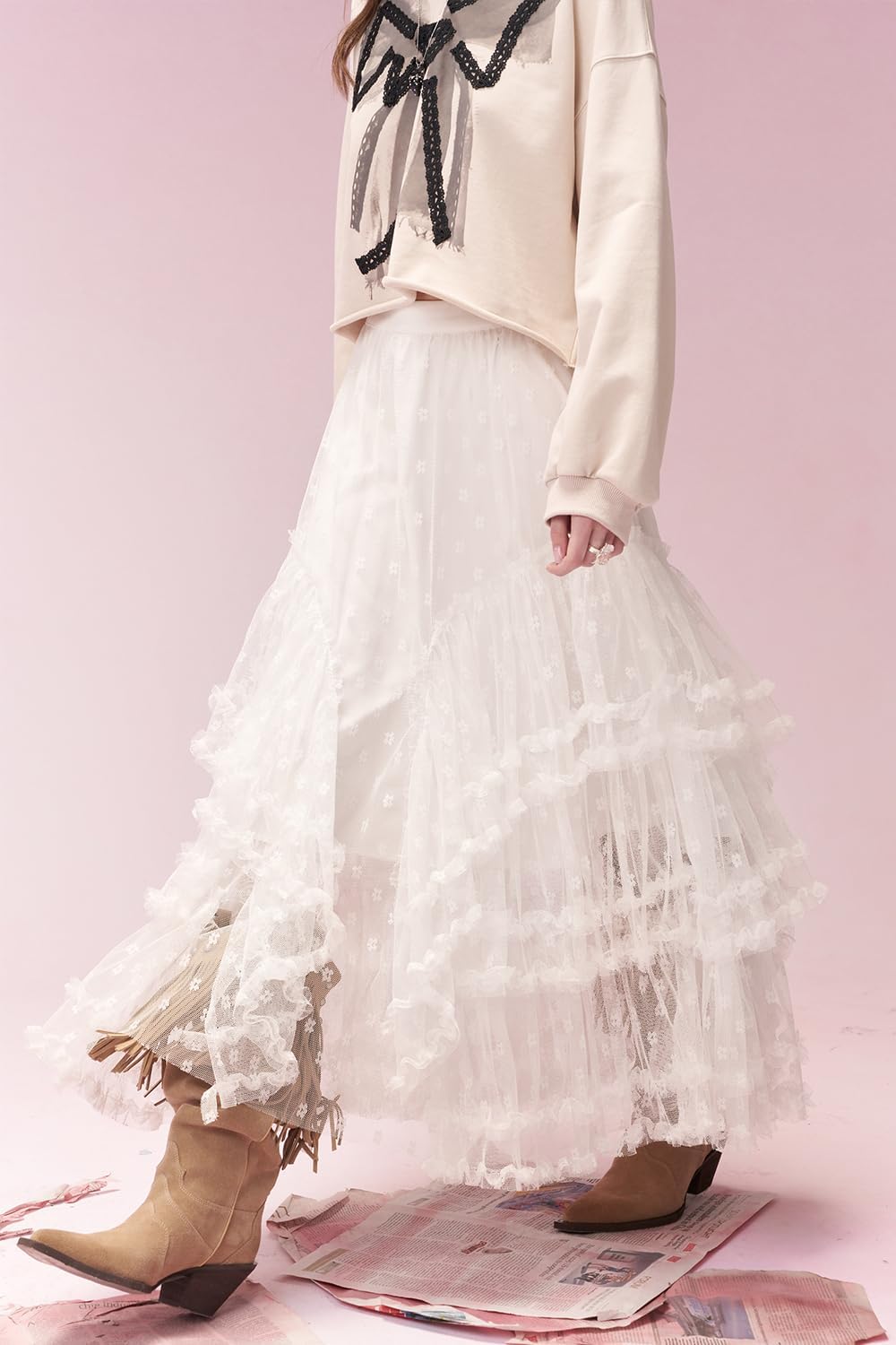 White Tulle Midi Skirt for Women, 3D Lace & Ruffle Layered Princess Skirt