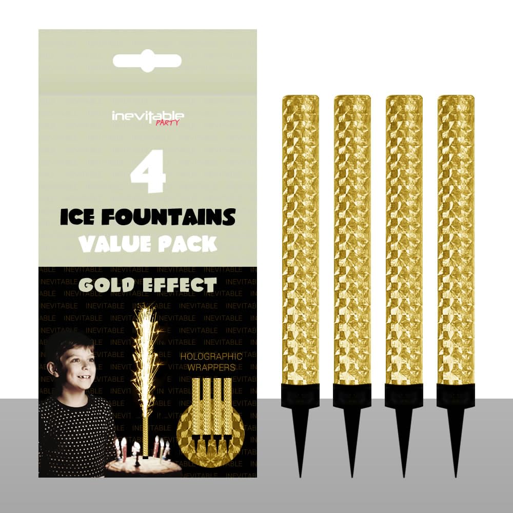 Pack of 4 Ice Fountains | Cake Topper Decoration | Prosecco Champagne Fountain | Sparkling Fountain | Gold or Silver | Birthdays, Christmas, New Year and Weddings (Gold)