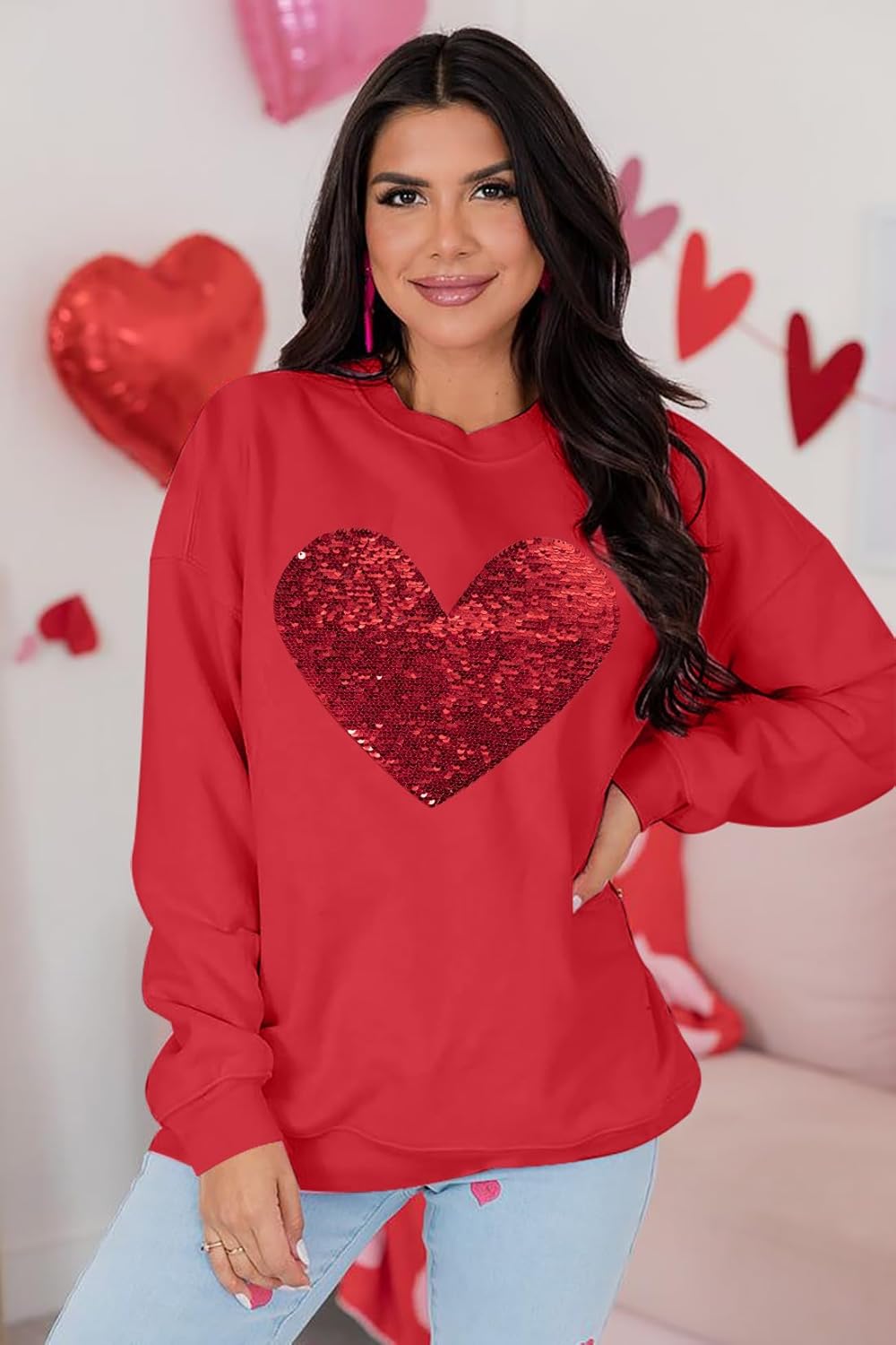 MNLYBABY Valentines Sequins Sweatshirts Women Valentine Heart Sweatshirt Casual Glitter Heart Graphic Pullover Tops - Image 3