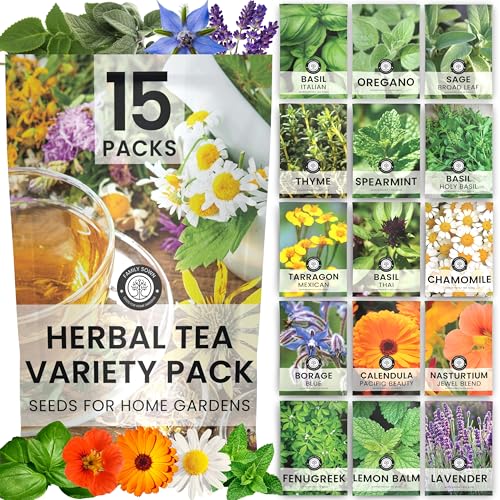 Herbal Tea Garden Seeds | 15 Individual Packs | 2026 Season | Non-GMO | Chamomile Mint Lavender Holy Basil & More! | Grow Your Own Fresh Tea Herbs | by Family Sown