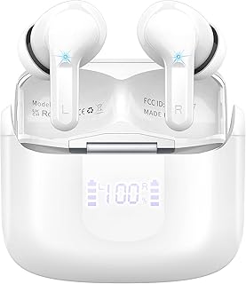 Wireless Earbud, Bluetooth Headphones 5.3 Stereo Bass Earphones Noise Cancelling Ear Buds 40H Dual Mic Call Bluetooth Earbud in-Ear USB-C LED Display IP7 Waterproof Sport Headset for Android iOS White
