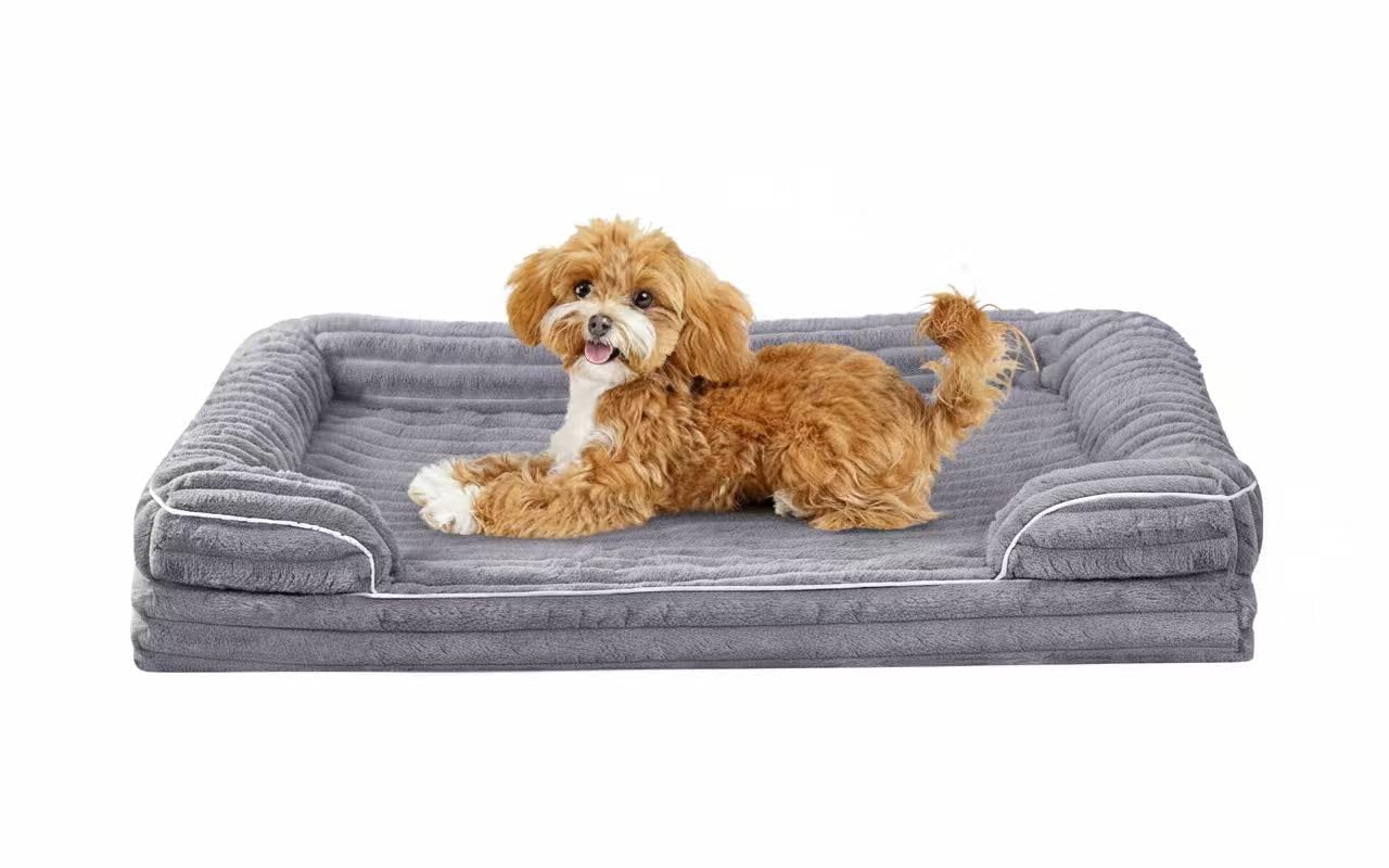 VoltaEcho Orthopädisches Hundebett mittel: Abnehmbares & waschbares Hundesofa – Weicher Plüschstoff – Wasserdichtes Innenfutter – rutschfeste Unterseite Grau (75 x 50 x 17 cm)