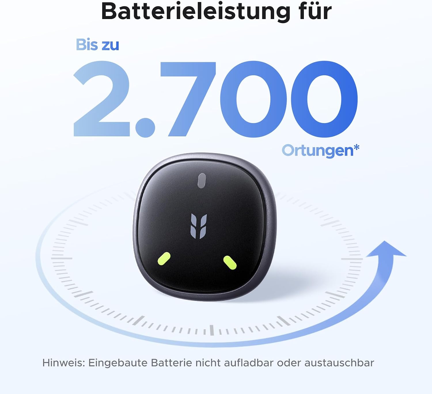 Graphic illustrating the UGREEN FineTrack Mini Duo 2 Tracker's battery performance, indicating up to 2,700 localizations and a note that the built-in battery is not rechargeable or replaceable.