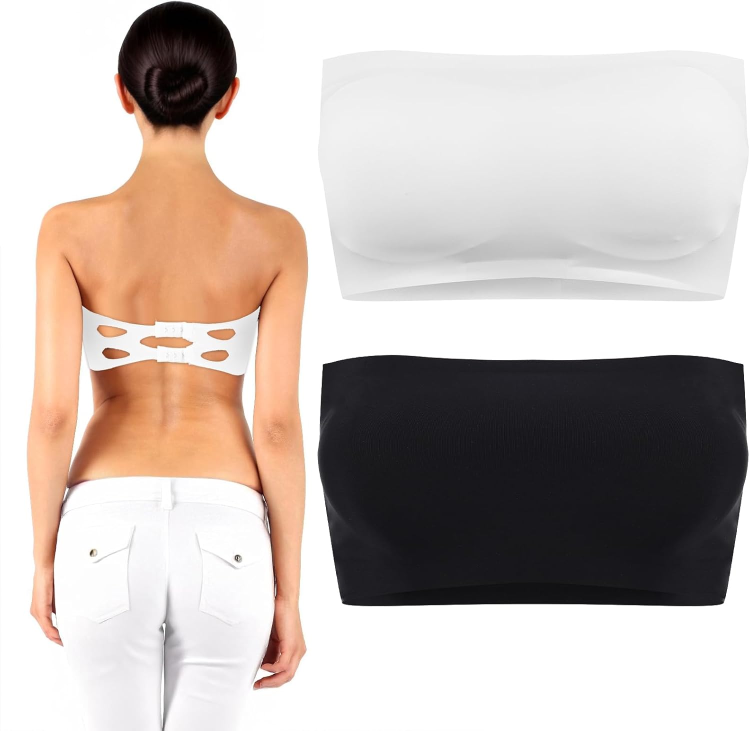 2 Pieces Women's Bandeau Tube Top Bra, Wireless Strapless Bralette Seamless Bandeau Tank Top Non-Slip Padded Bra, Black, White