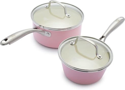 GreenLife Artisan Healthy Ceramic Nonstick, 1QT and 2QT Saucepan Pot Set with Lids, Stainless Steel Handle, Induction, PFAS-Free, Dishwasher Safe, Oven Safe, Pink