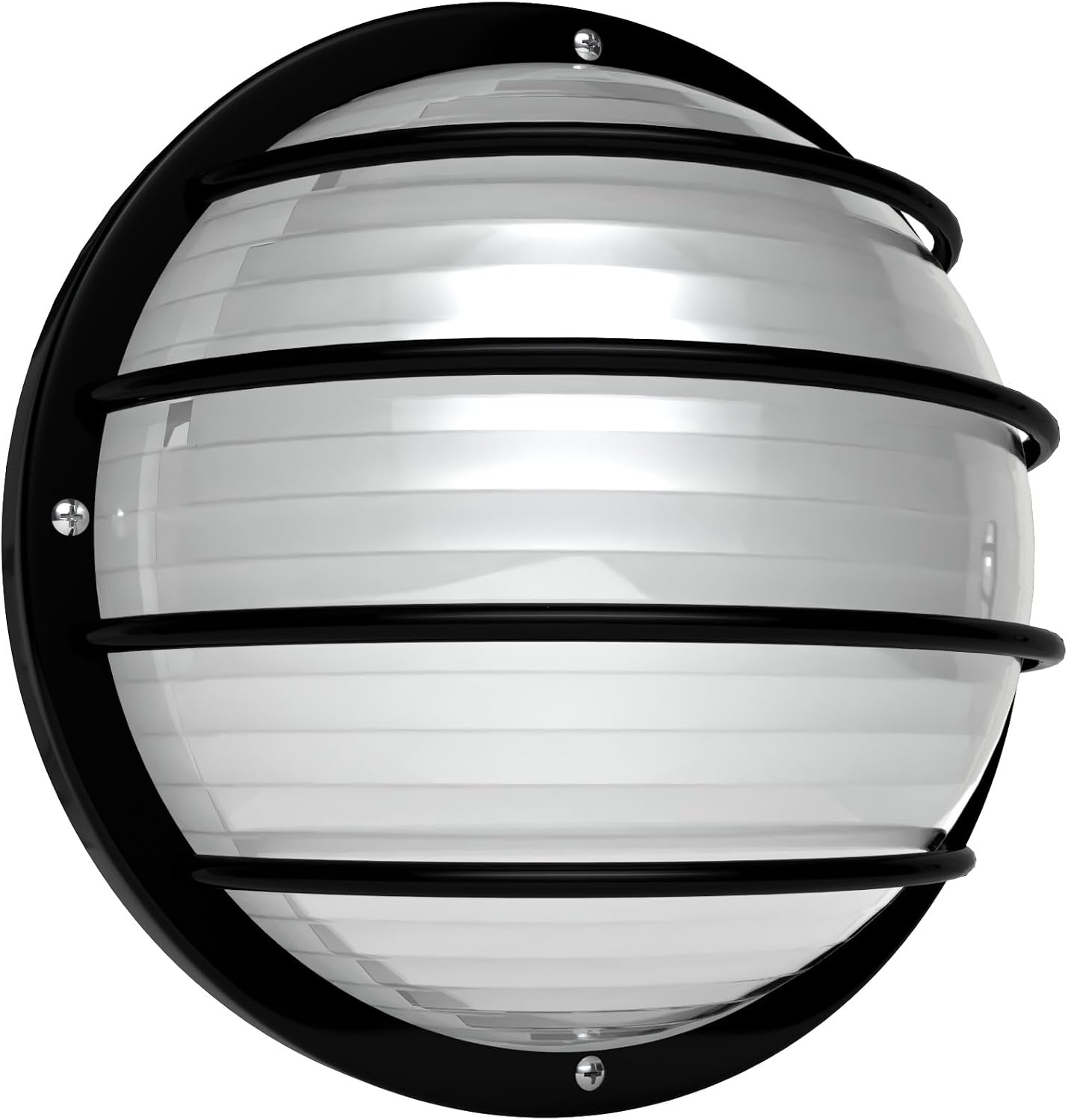 KASTLITE Round Outdoor LED Bulkhead Light Fixture, 9.5W 4000K Energy Star Lamp, 10.25" Rust Resistant Polycarbonate Nautical Lighting for Wet Locations, Porch Patio & Docks - USA Made, Black Bar Cage