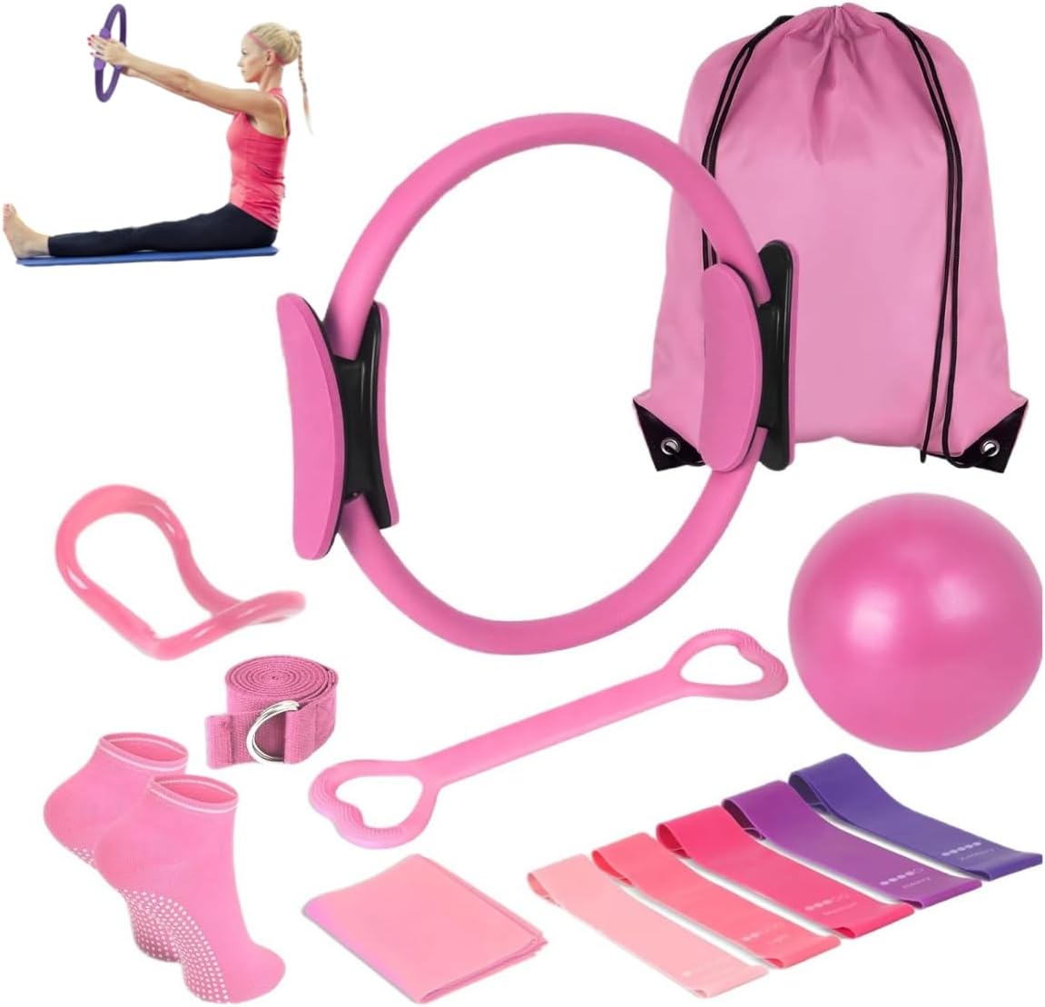 at Home Pilates Kit 13 pcs, Pilates Equipment for Home Workouts, Pilate Accessories Set with 9.8” Ball, 12” Magic Circle Yoga Rings, Resistance Bands, Pilates Essentials Kit for Women Gift