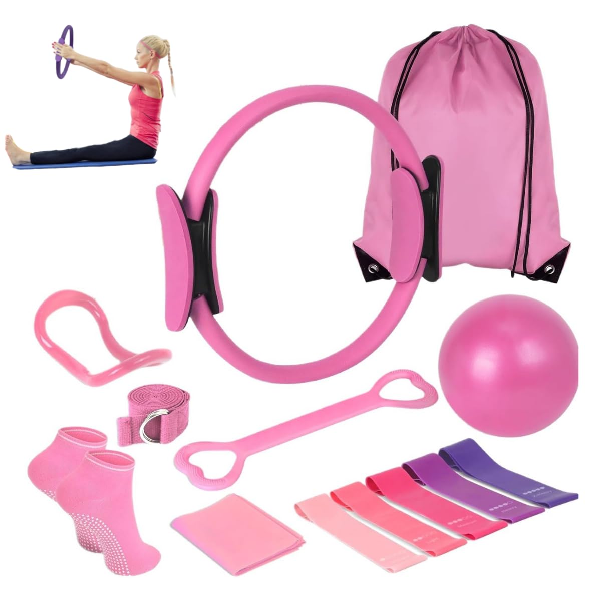 Kit Pilates en Casa 13 Pcs, Pilates Accesorios para el ejercicio familiar, Anillo de 30 cm, Pelota de 25 cm, Bandas de Resistencia, Bolsa de Transporte, Pilates Essentials Kit Regalo para Mujeres