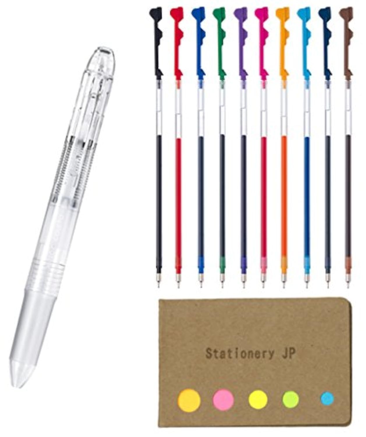 Stationery JP (0.3mm, Clear) - Pilot Hi-tec-c Coleto 5 Colour Multi Pen Body Component, Clear, Rubber grip, 0.3mm 10 Colour Ink Refills, Sticky Notes Value Set