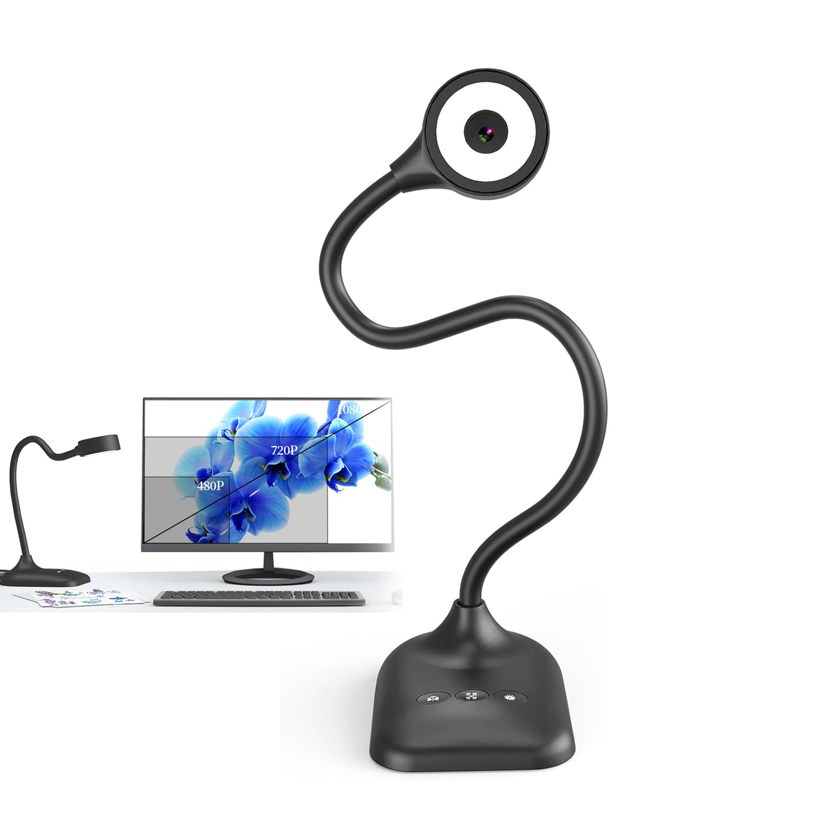 Document Camera for Teachers, 5MP Webcam, 2K Resolution, 3 Level LED Lights, Image Invert Function, Autofocus, USB C Connection, Black