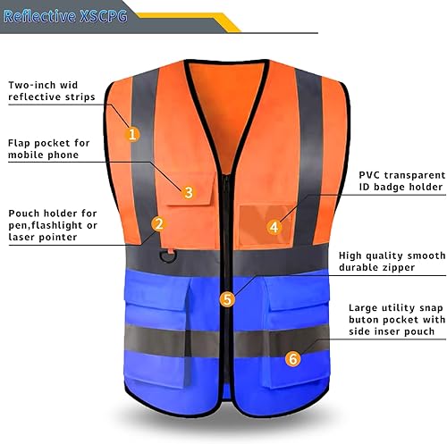 Miniatura 9 de Chaleco de seguridad con logotipo personalizado, chaleco de seguridad reflectante de alta visibilidad con 5 bolsillos y tiras reflectantes, chaleco