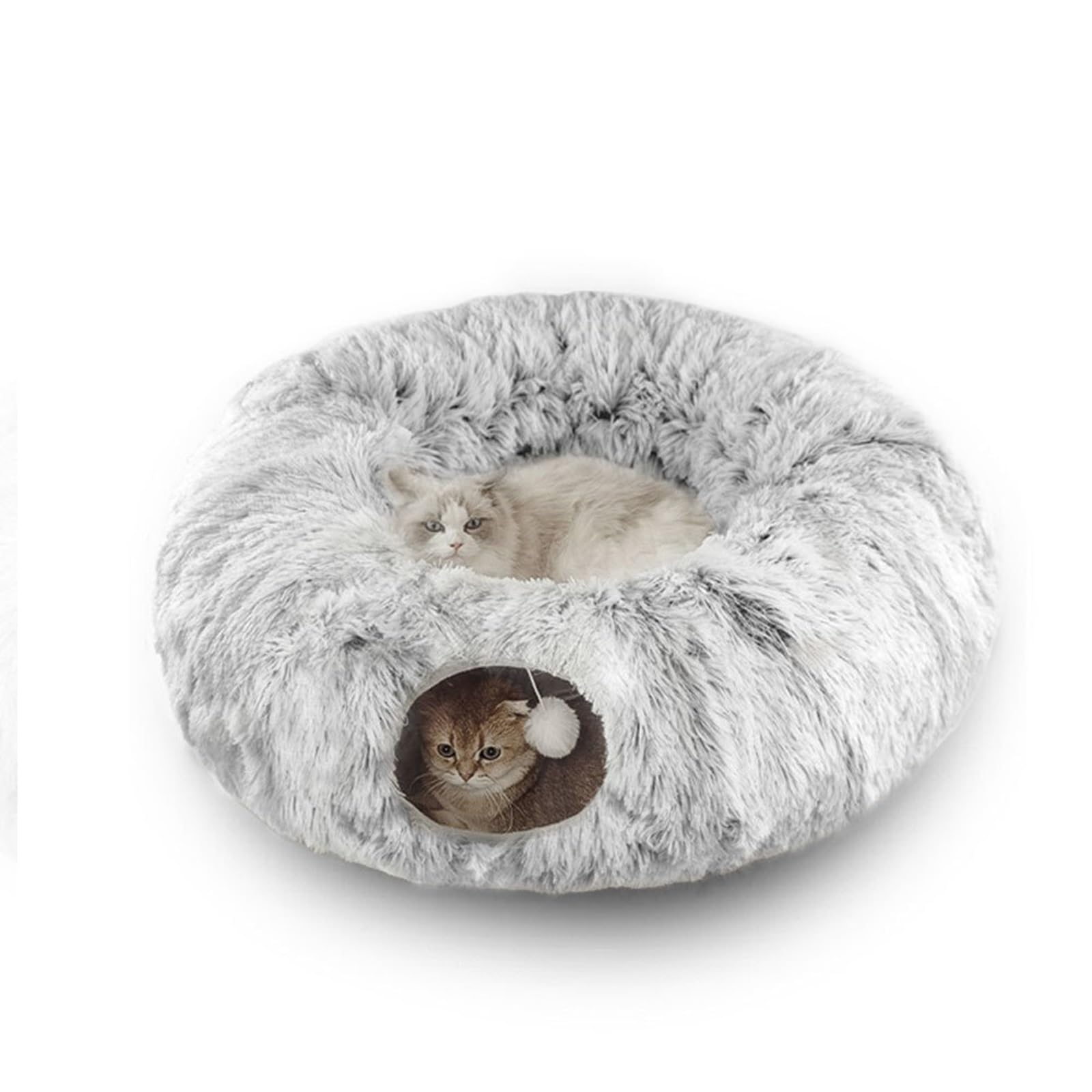 Túnel de felpa suave para gatos con cama de dona, cueva Peekaboo para gatos de interior, gatitos, conejos, hurones, gris