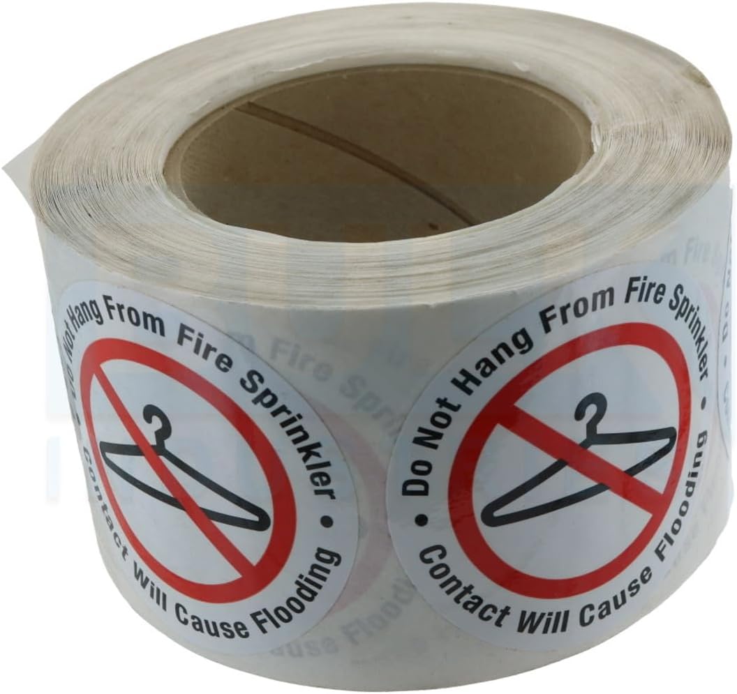 Do Not Hang From Fire Sprinkler Contact Will Cause Flooding Stickers - 3" Vinyl - Roll of 100 Stickers