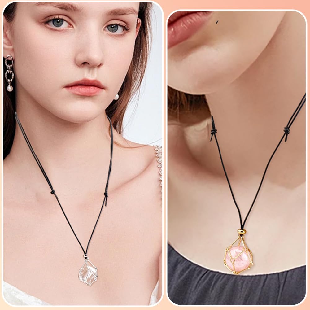 SUNNYCLUE 1 Box 10Pcs Crystal Stone Holder Necklace Gold Crystal Holder Necklace Metal Silver Adjustable Empty Gemstone Beads Cage Pendants Leather Rope for Jewelry Making DIY Charms Crafts Adults - Image 5