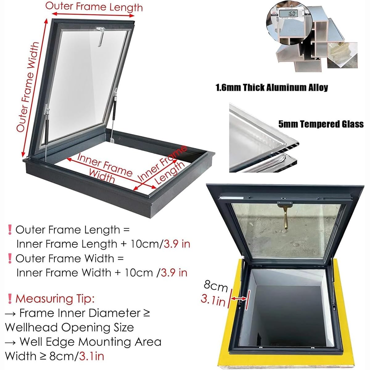 Świetlik ze szkła hartowanego premium z ramą ze stopu aluminium, ochrona przed promieniowaniem UV, izolacja akustyczna, doskonała wentylacja, do piwnicy, szopy na poddaszu, 70 x 85 cm